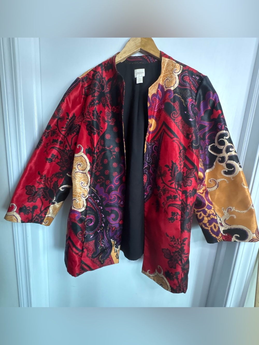 Chico's Sz XL Lined Brocade Open-Front Jacket with Black, Purple & Gold Accents
